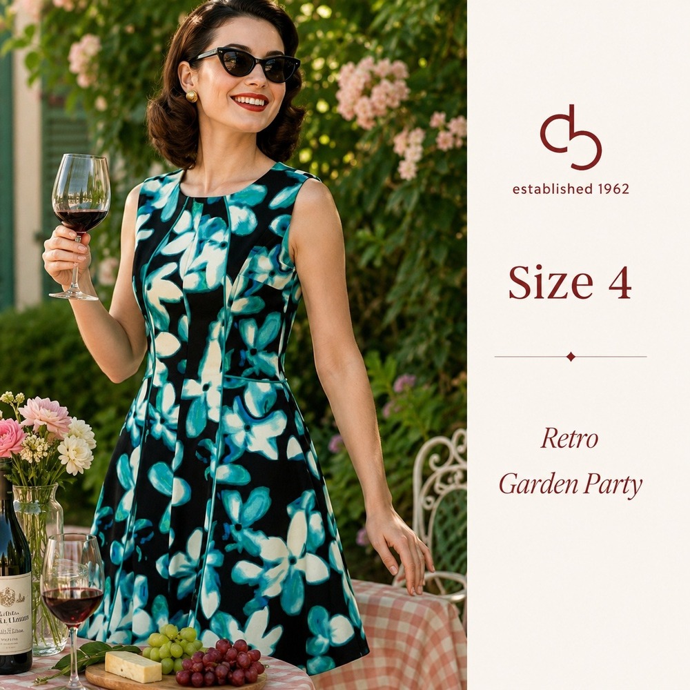 Dress Barn Floral Dress Women 4 Teal Black Fit Flare Sleeveless Mod Retro Garden